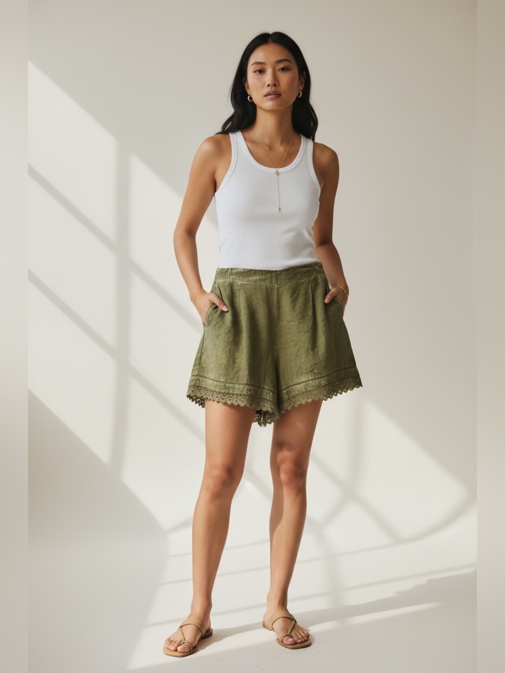 Black Swan Crochet Trim Olive Green Rayon Shorts Medium Boho Festival